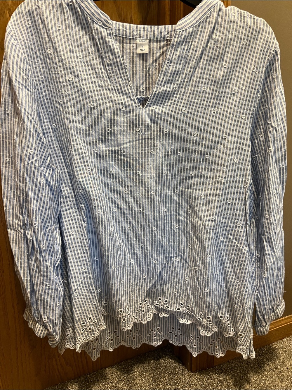 Old Navy Light Blue and White Striped Eyelet Tunic Top